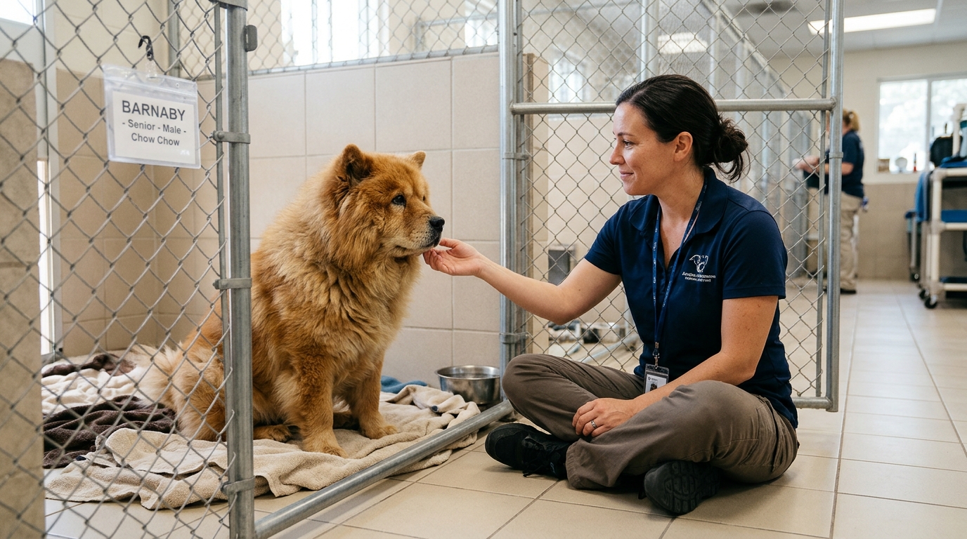 Une chienne Chow Chow senior au pelage touffu assise dans un box de refuge chaleureux