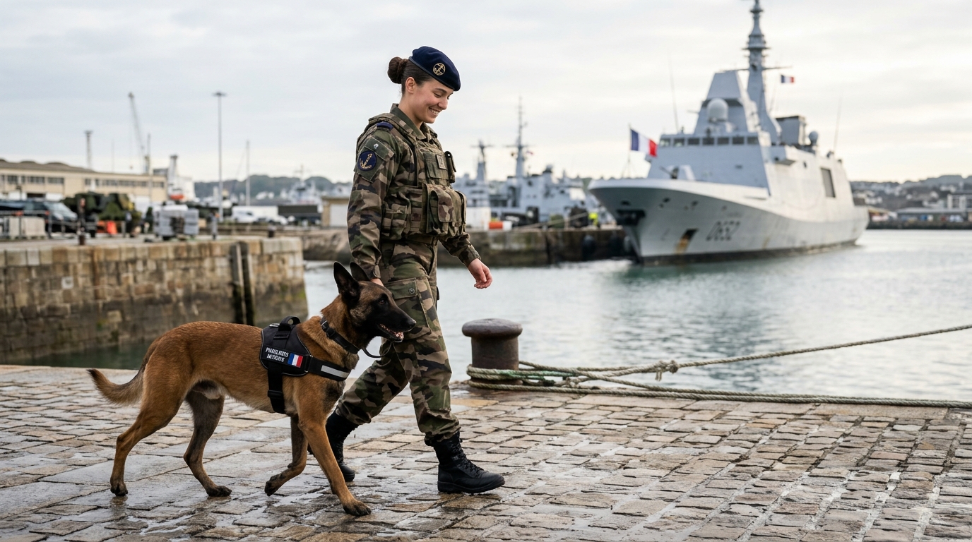 Une militaire fusilière marine française et sa chienne malinoise sur un quai militaire à Cherbourg.