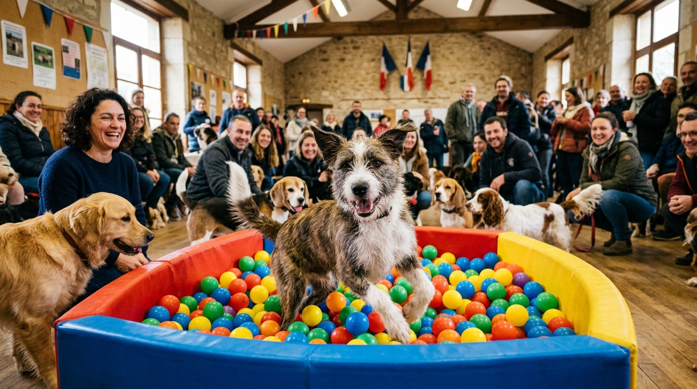 Un chien s'amusant dans une piscine à balles lors d'un concours canin près de Cahors.