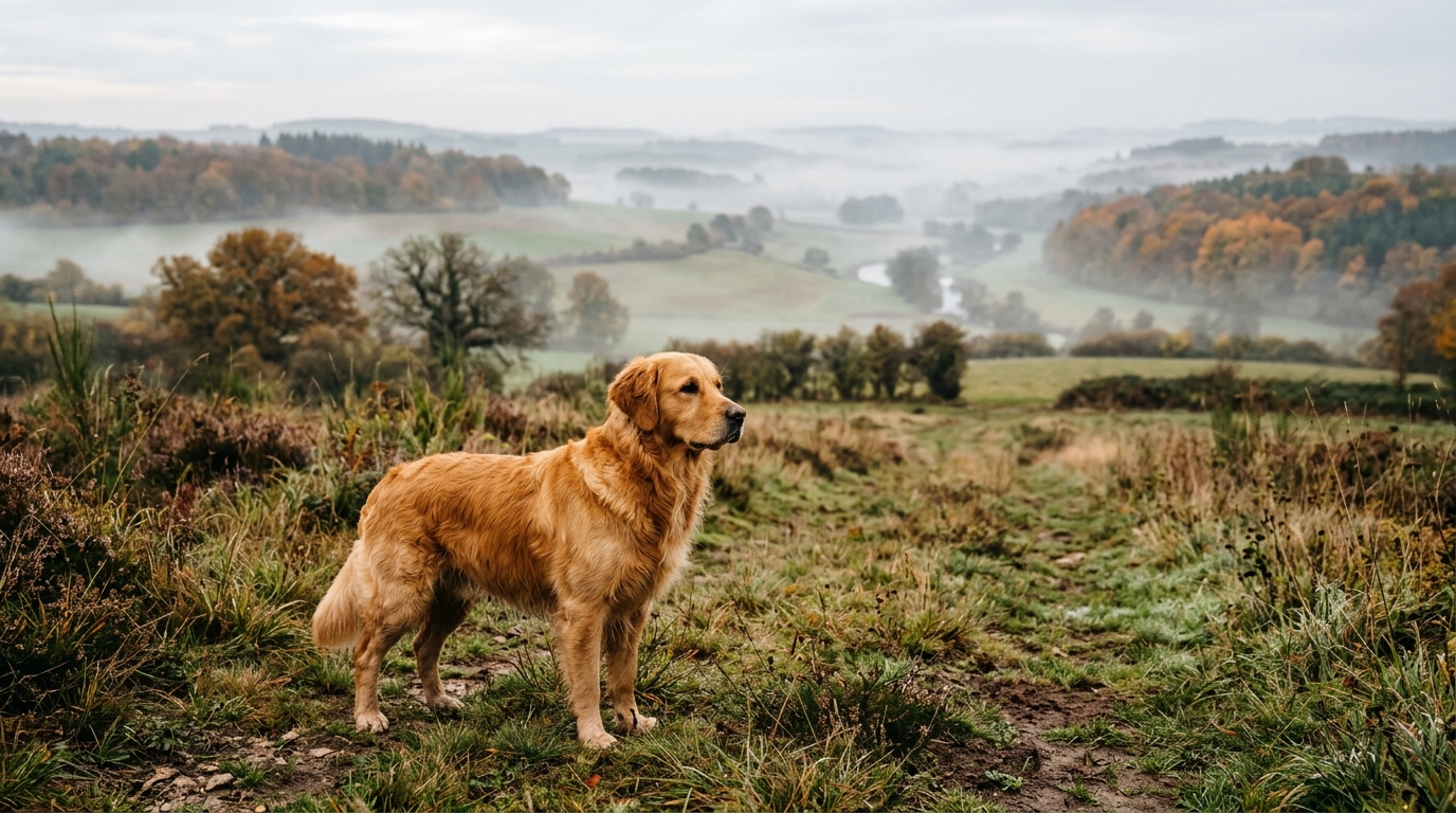 Un chien de race retriever dans un champ lors d'un concours de dressage.