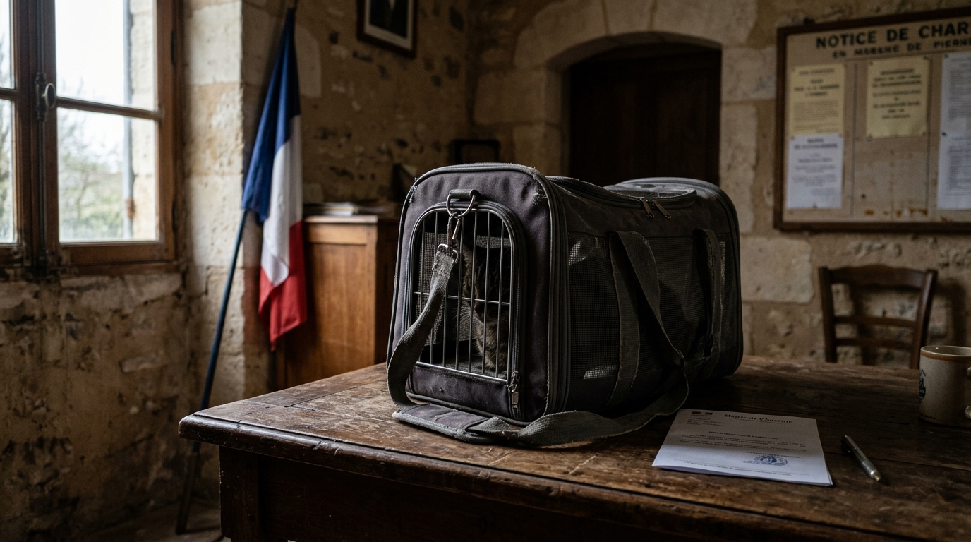 Caisse de transport pour chat posée dans une mairie de village en France