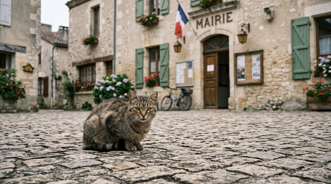 Un chat de rue assis près d'une mairie dans un village français