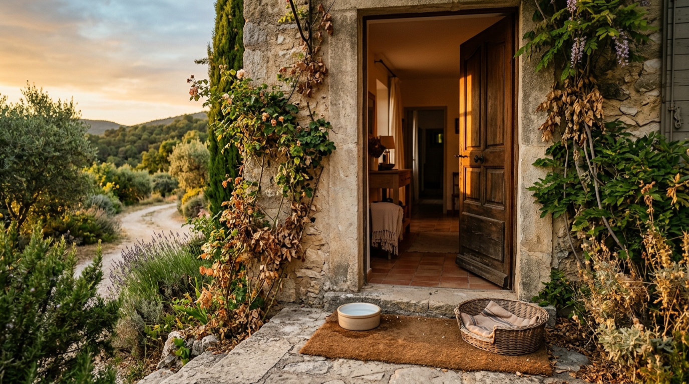 Panier et gamelle disposés devant la porte d'une maison provençale pour un chien disparu dans le Var.