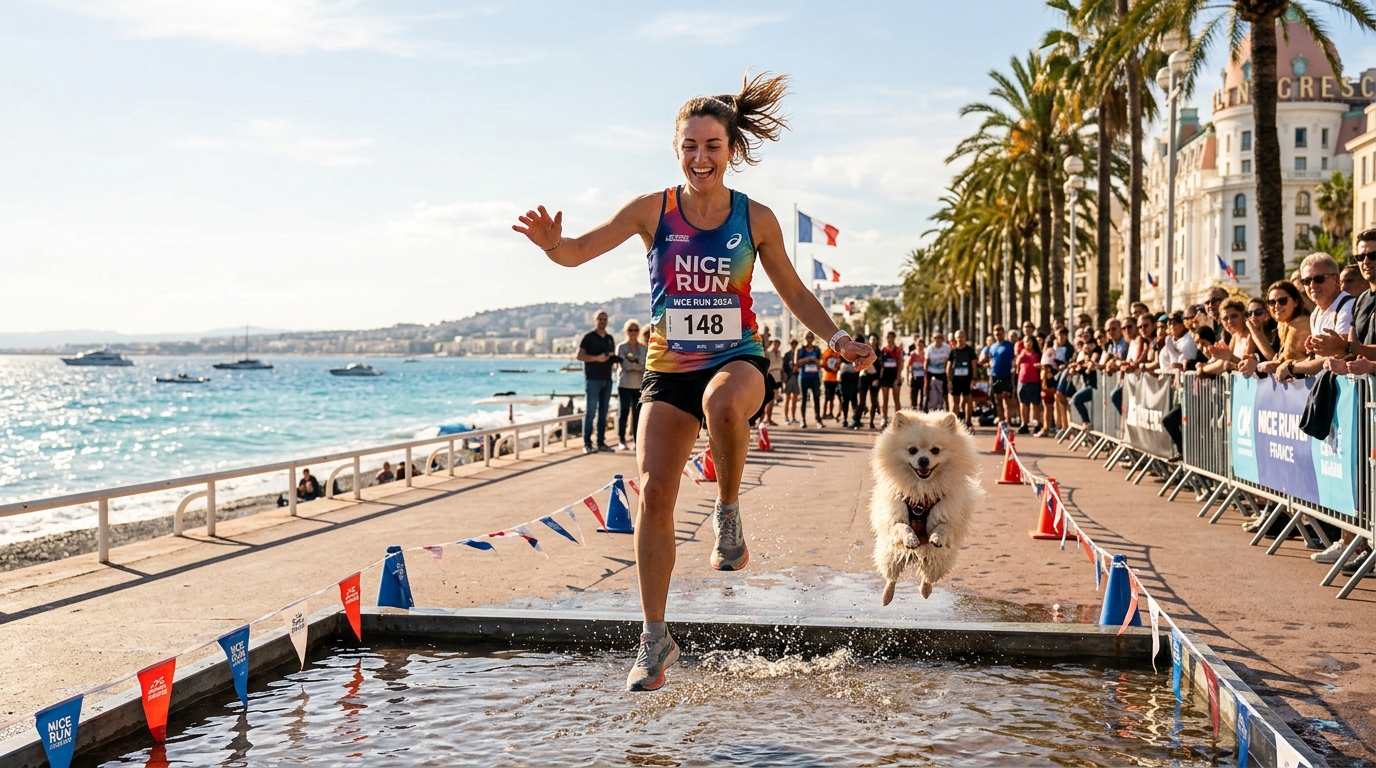 Un chien et sa maîtresse franchissent un obstacle sur la Promenade des Anglais à Nice.