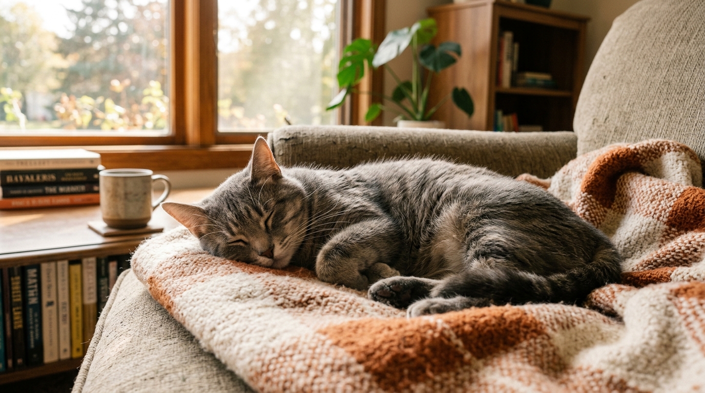 Un jeune chat gris assis prudemment sur un coussin dans un salon lumineux.