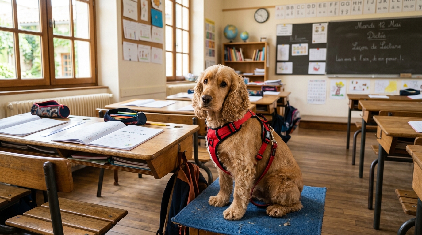 Une chienne cocker touffue porte un harnais et reste assise calmement dans une classe d'école primaire.