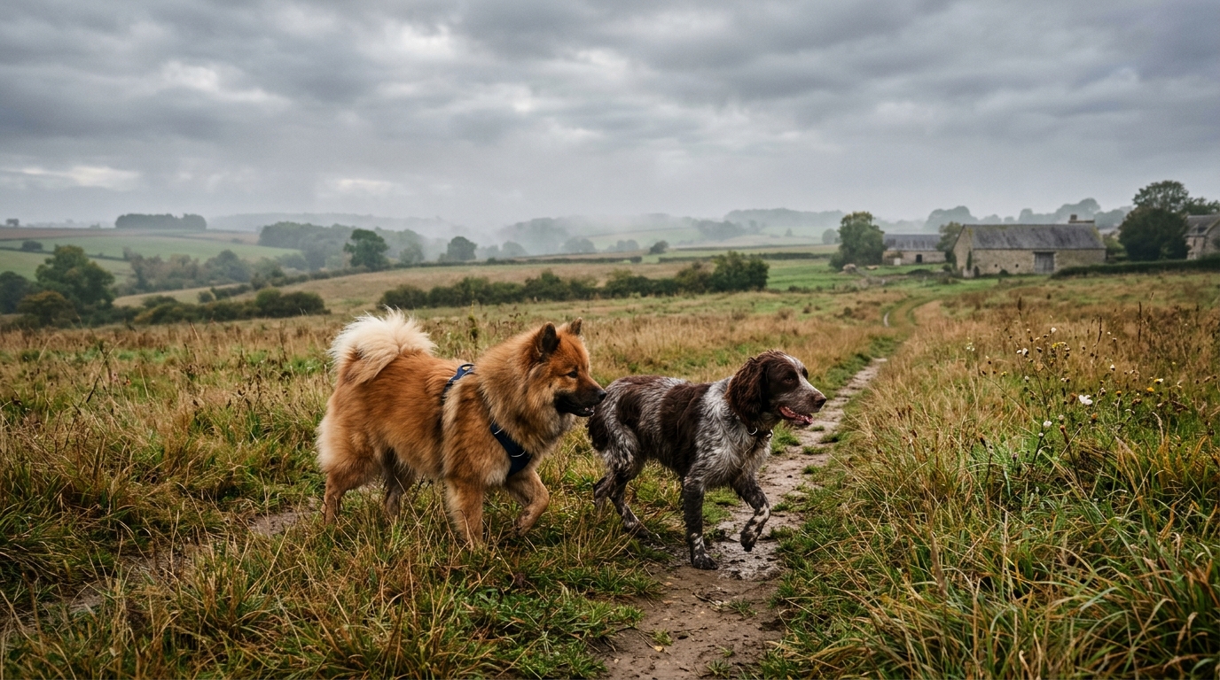 Un Eurasier et un épagneul marchant ensemble dans un champ en Normandie