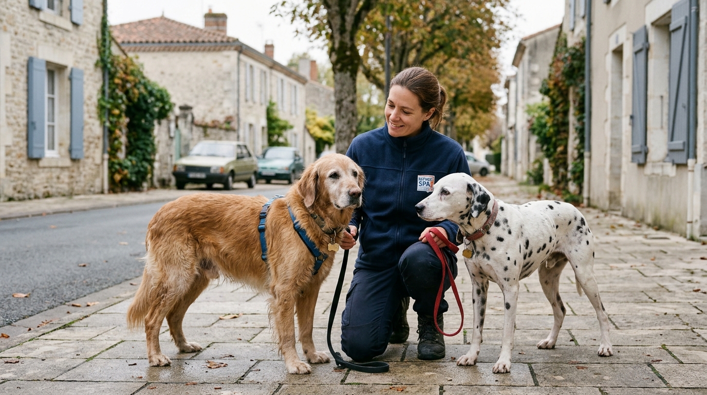 Un croisé Golden Retriever et une Dalmatienne en extérieur pris en charge par des bénévoles