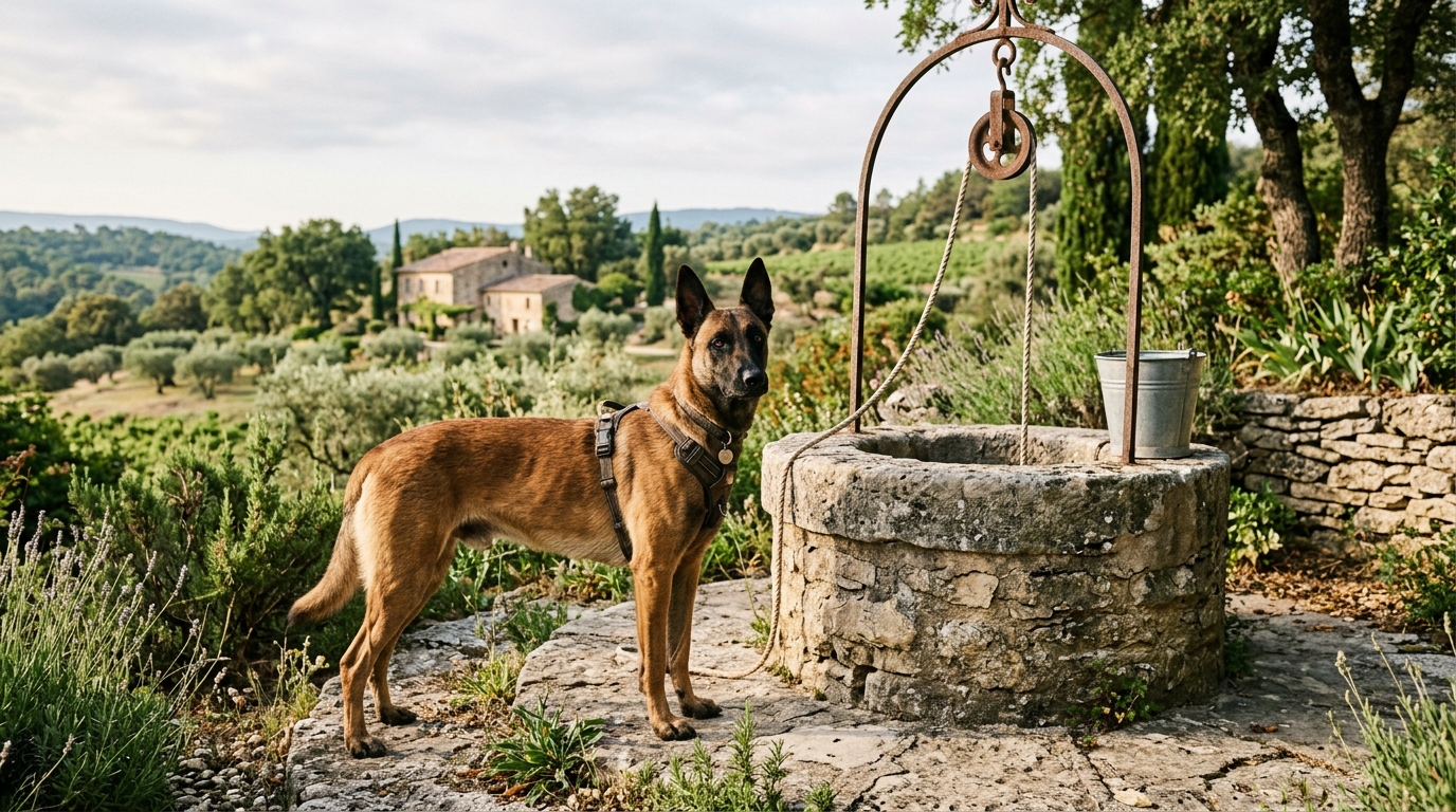Un chien malinois vigilant près d'un puits en pierre dans un jardin