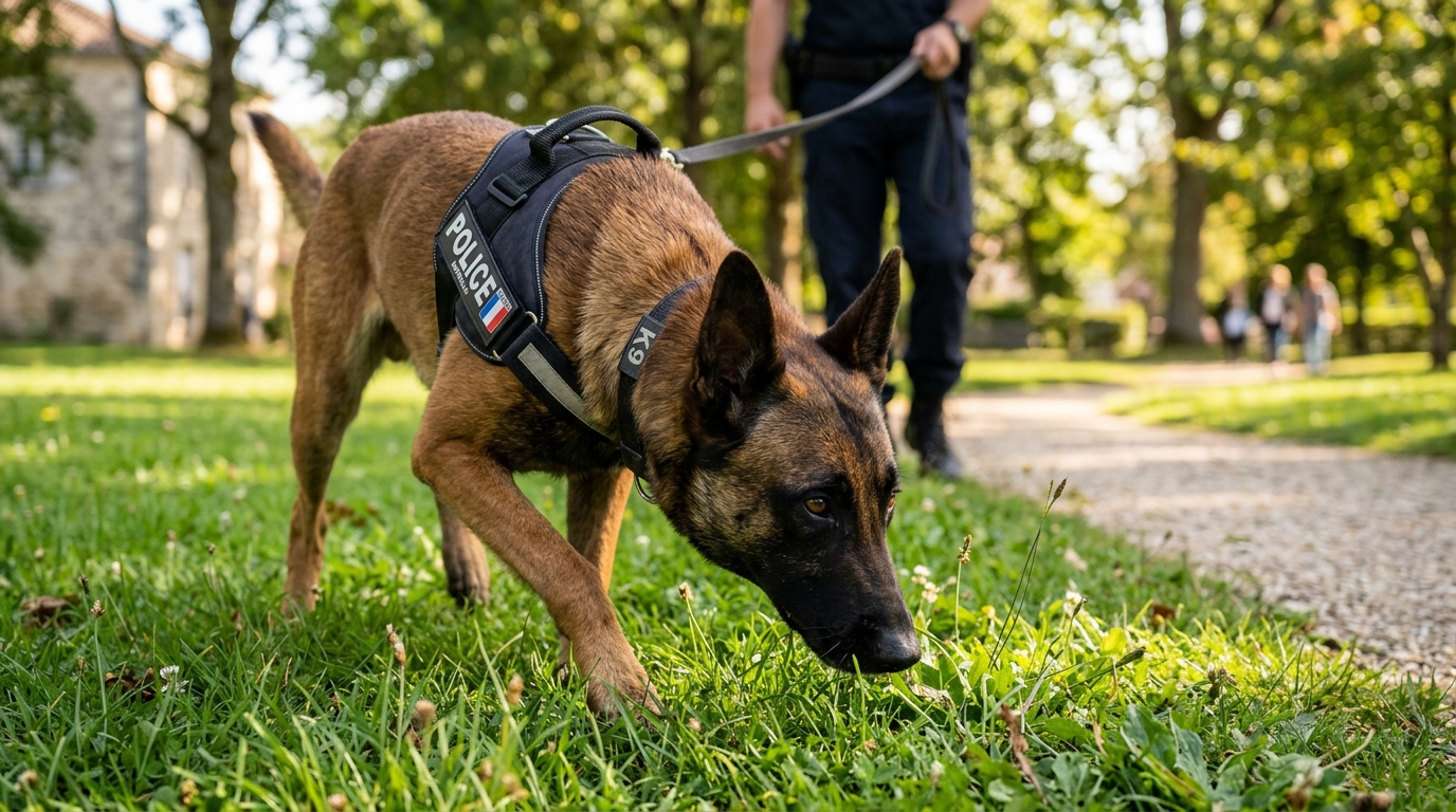 Un chien malinois policier en harnais effectuant une recherche au flair dans un parc à Niort.