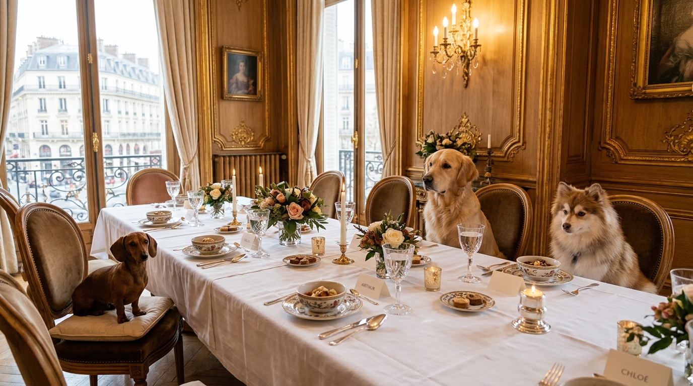 Des chiens attablés autour d'un banquet élégant dans un décor historique à Paris