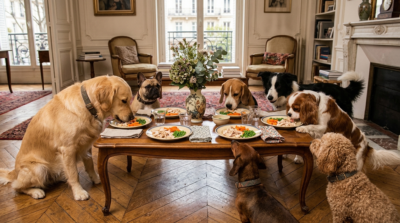 Plusieurs chiens attablés devant des assiettes de volaille et carottes dans une salle parisienne.