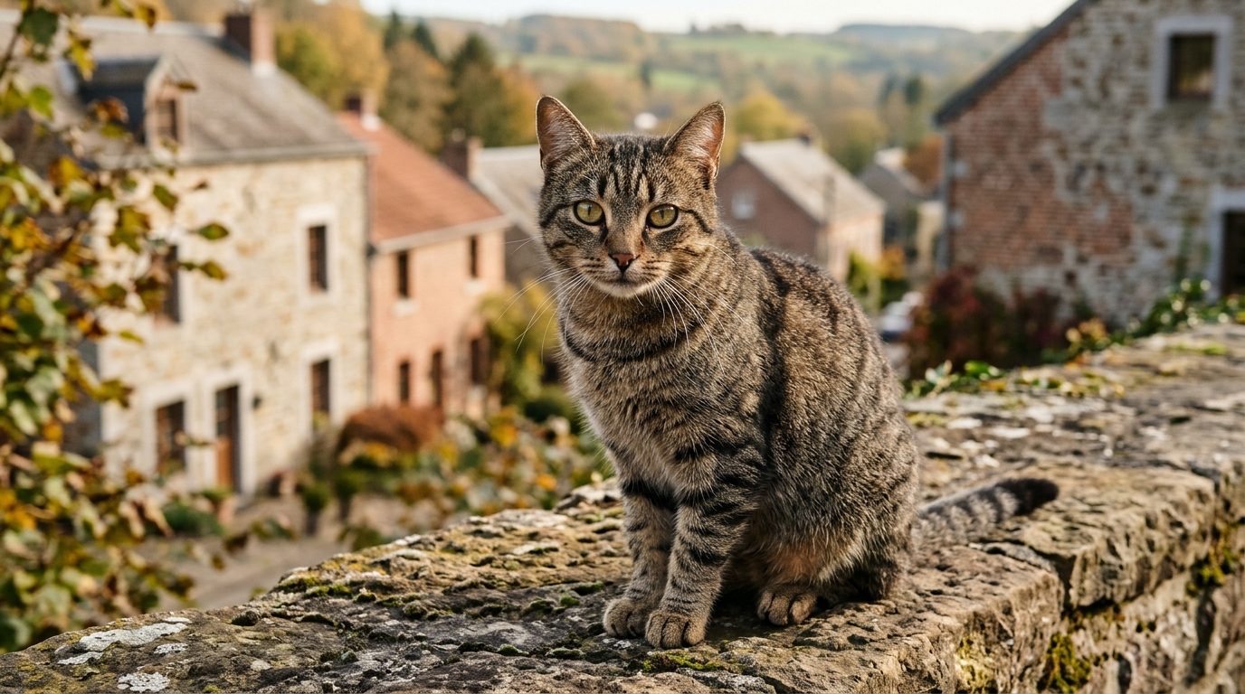 Un chat domestique tigré assis près d'une maison dans le village de Comblain-la-Tour.