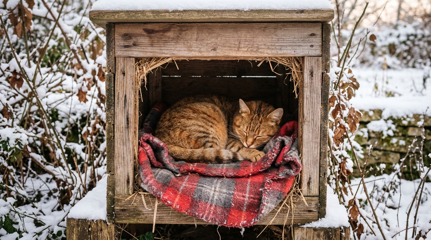 Un chat de rue blotti dans une couverture polaire chaude dans un abri extérieur en bois.