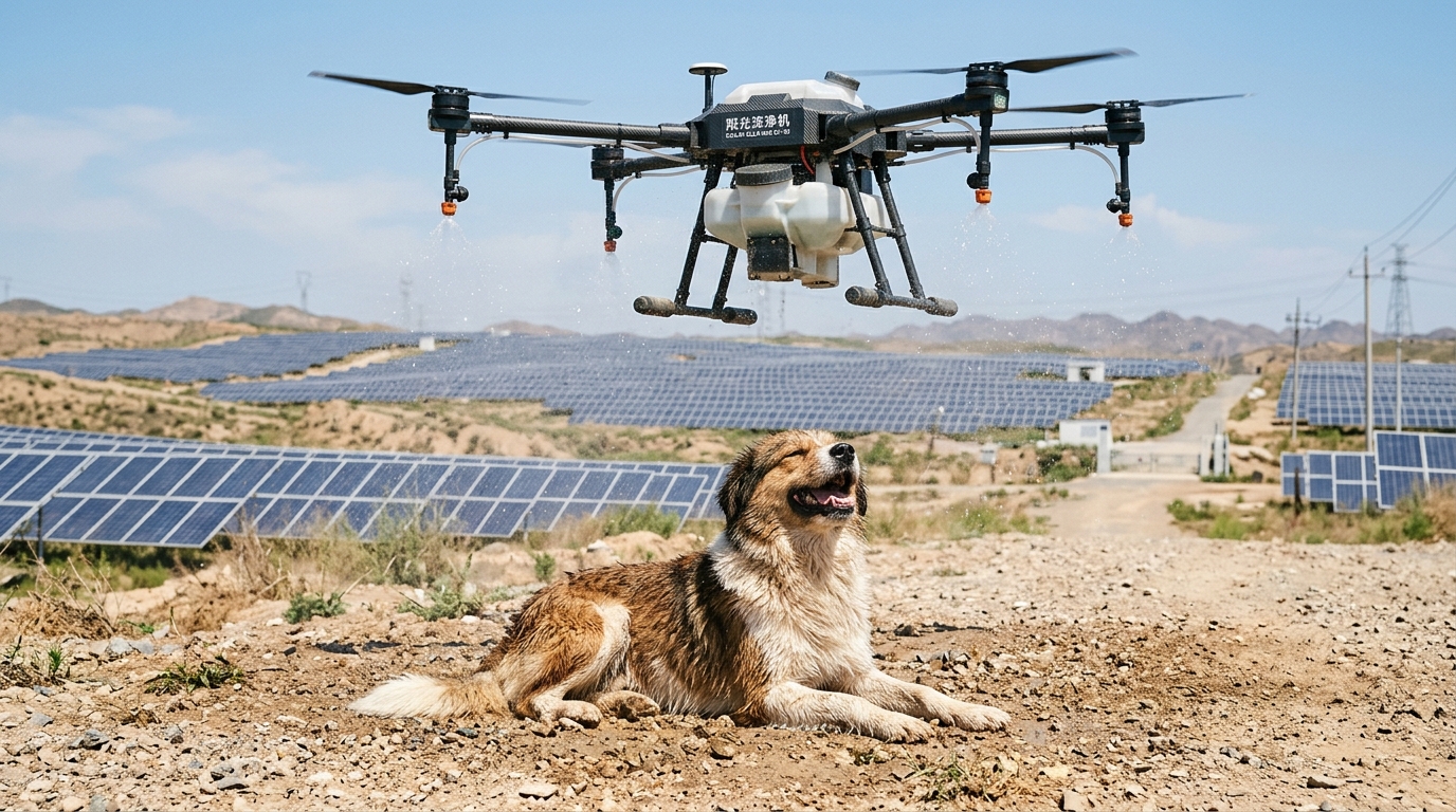 Un drone pulvérise de l'eau sur un chien errant sous la chaleur.