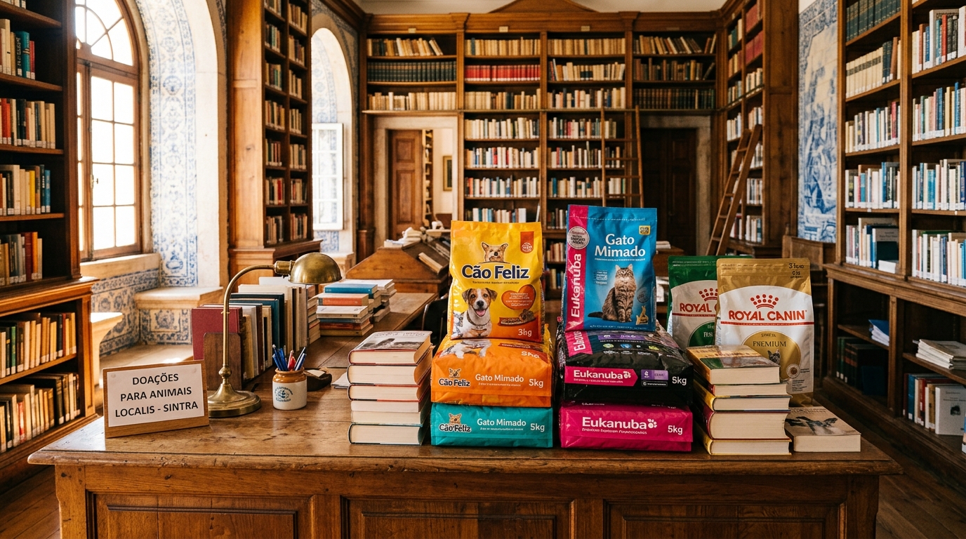Sacs de croquettes posés à côté de livres dans une bibliothèque chaleureuse.