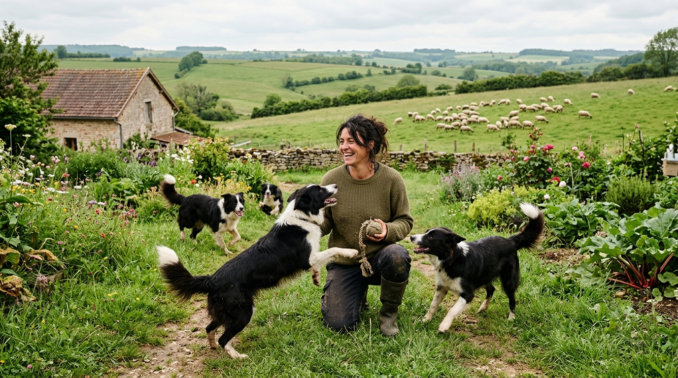 Une femme entourée de chiens Border Collies dans une maison à Blaise