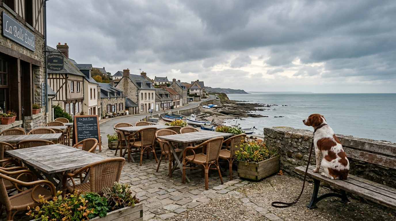 Un épagneul breton attaché près de tables de restaurant sur la côte à Audresselles
