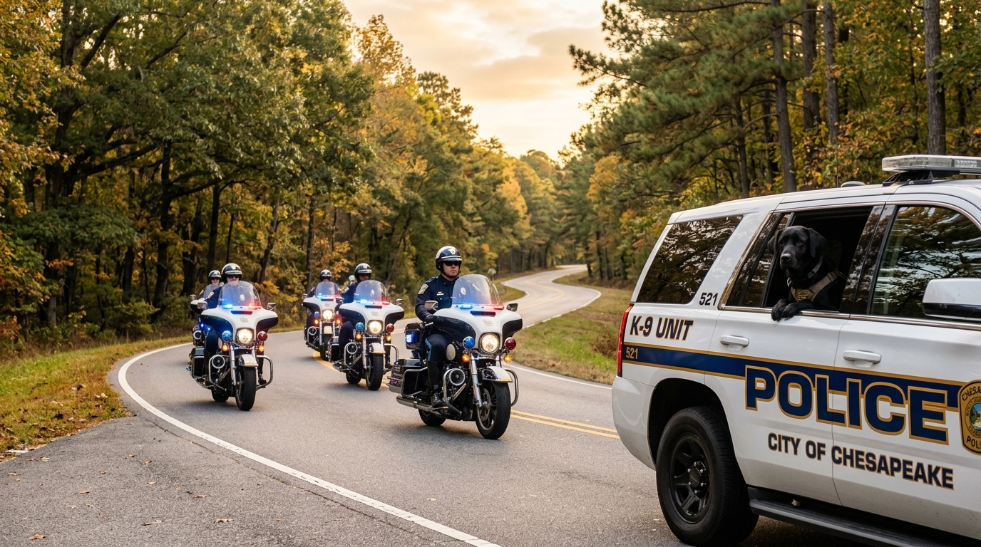 Des motards de la police escortent un chien de pompier vers la clinique