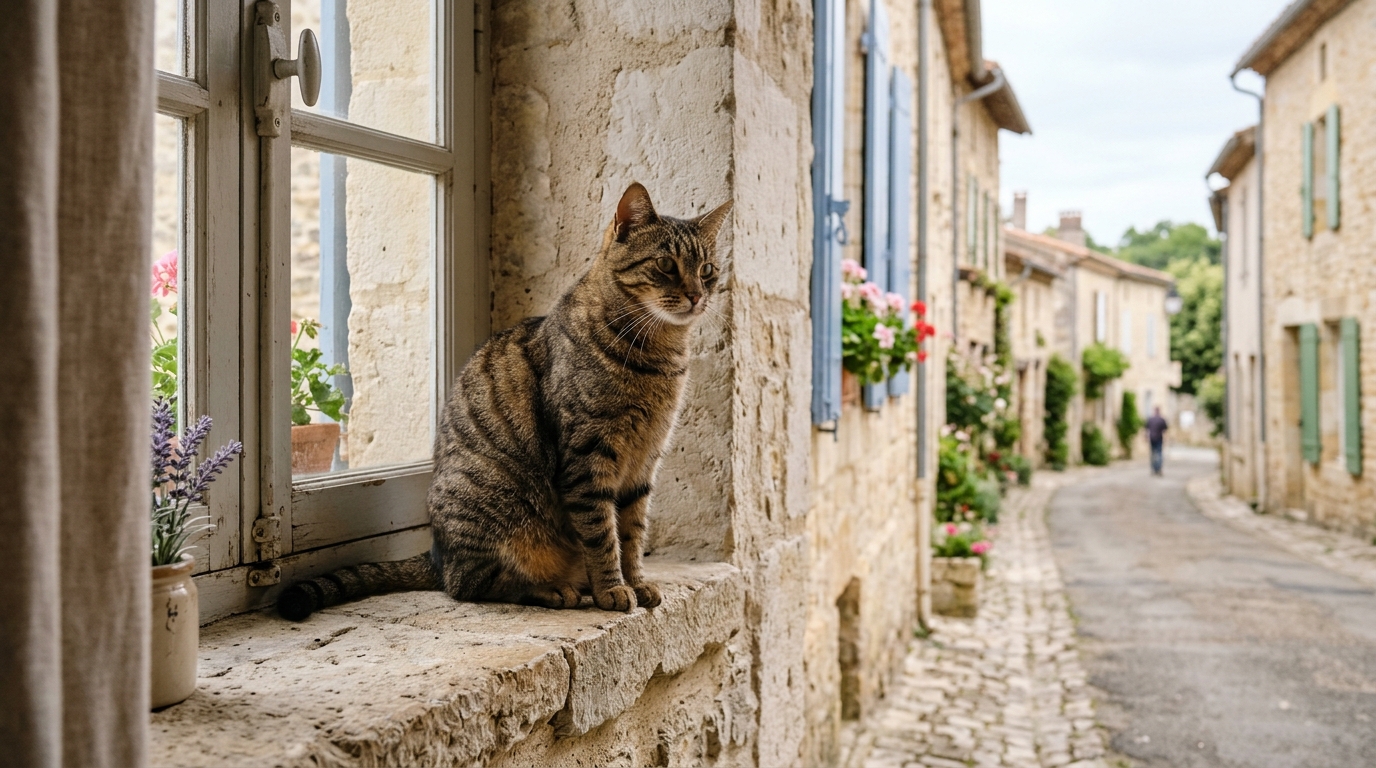 Un chat tigré assis près d'une fenêtre dans une maison de village en Charente.