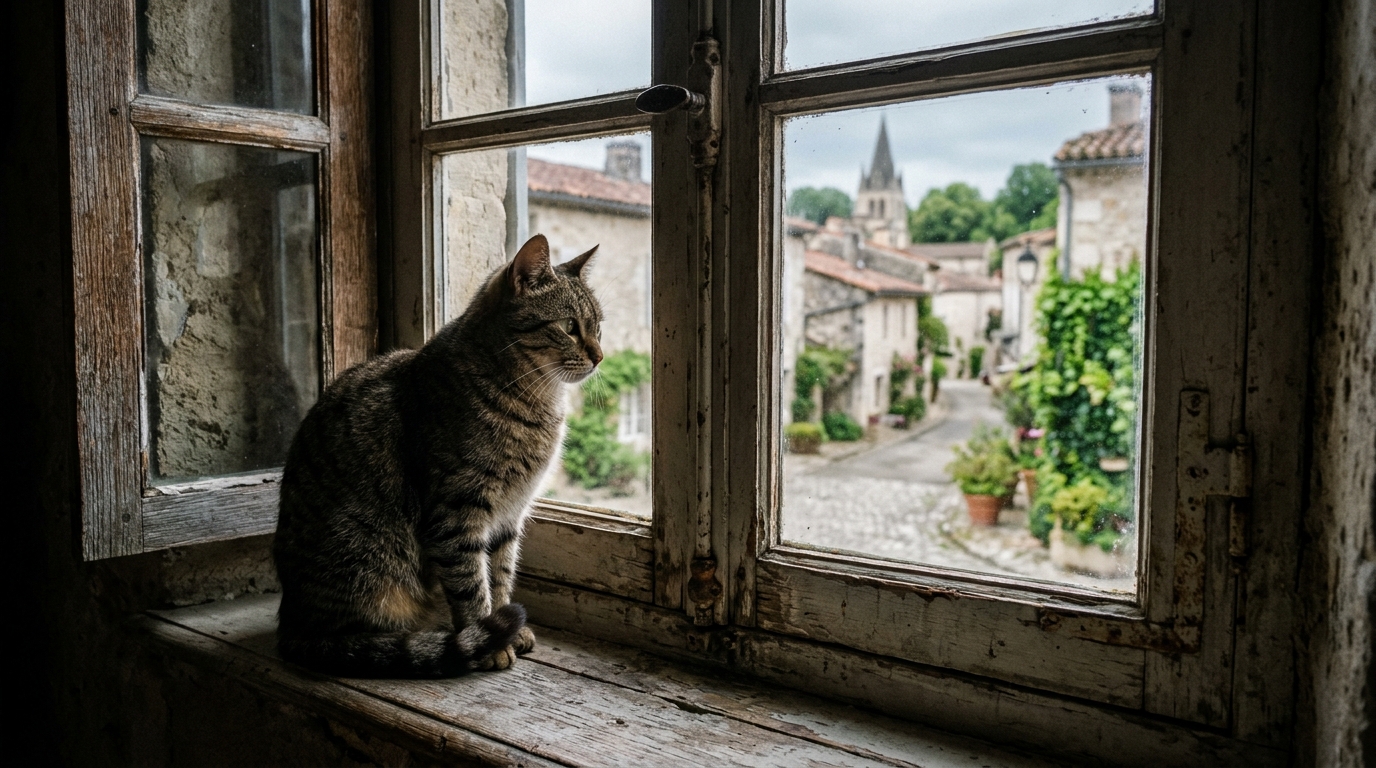 Un chat domestique observant l'extérieur depuis une fenêtre en Charente
