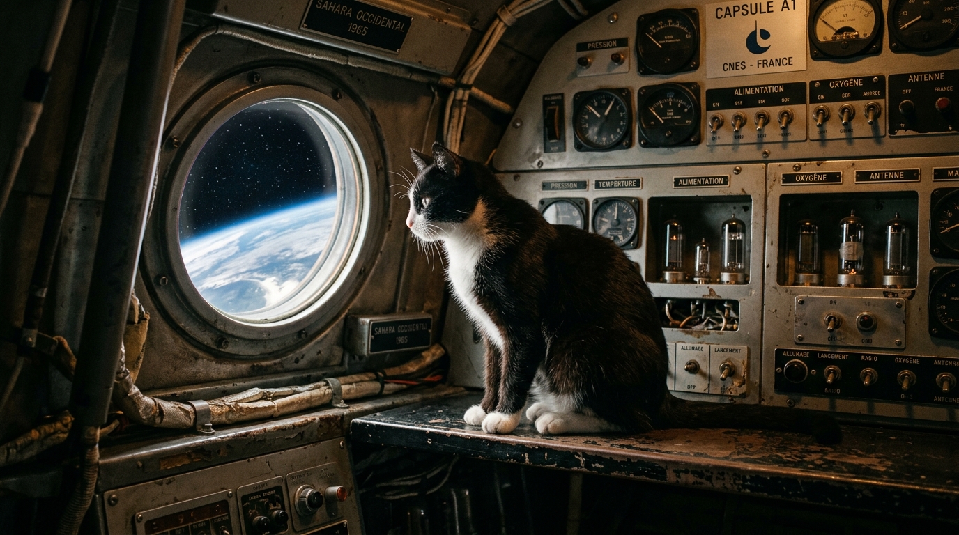 Illustration d'une petite chatte noire et blanche regardant par le hublot d'une capsule spatiale.