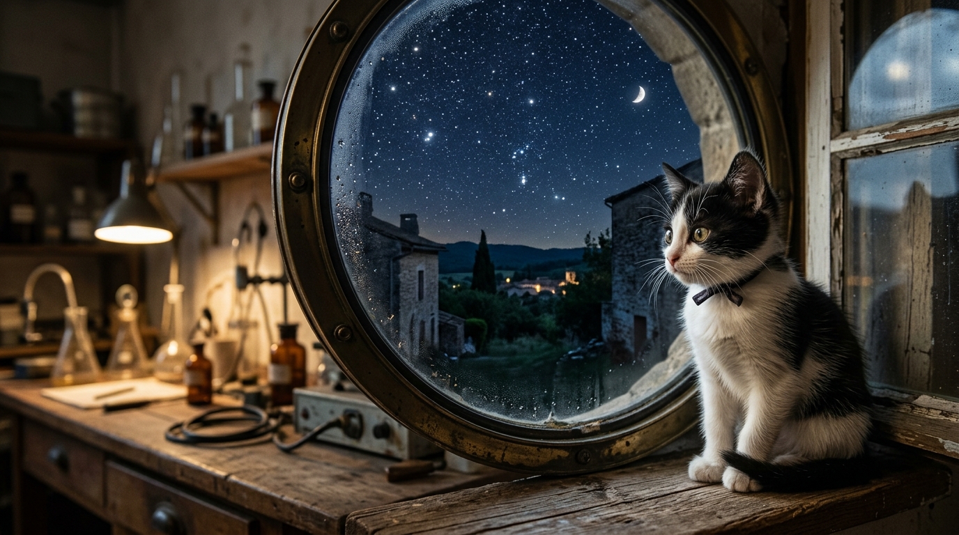 Une petite chatte observant le ciel nocturne étoilé à travers une fenêtre de laboratoire