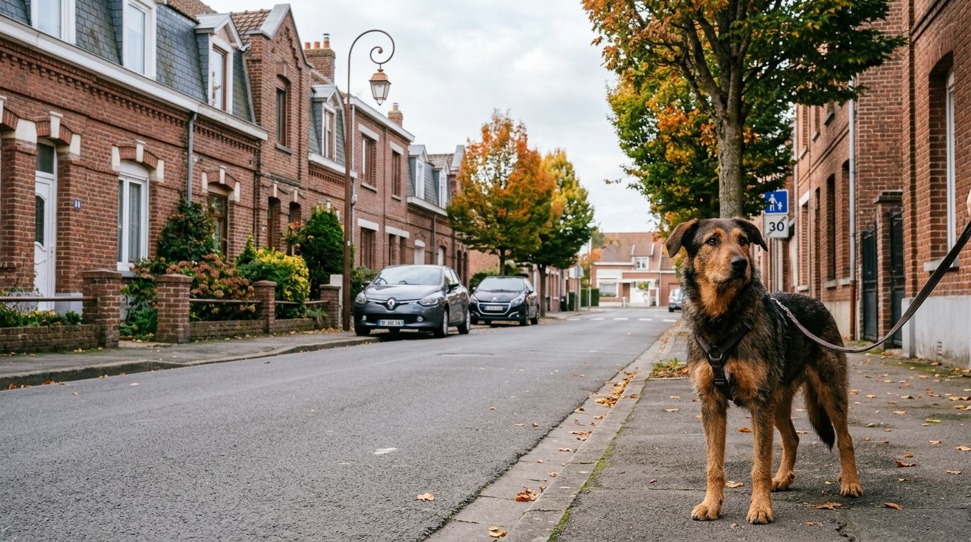 Une rue résidentielle calme avec des maisons individuelles à Outreau sous une douce lumière.