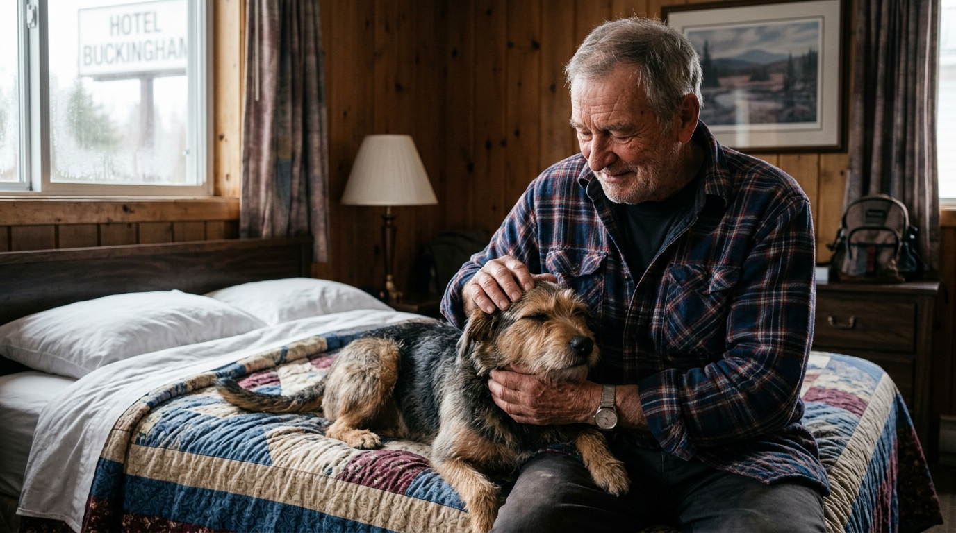 Un homme âgé réconforte son chien assis à côté de lui dans une pièce chaleureuse au Québec.