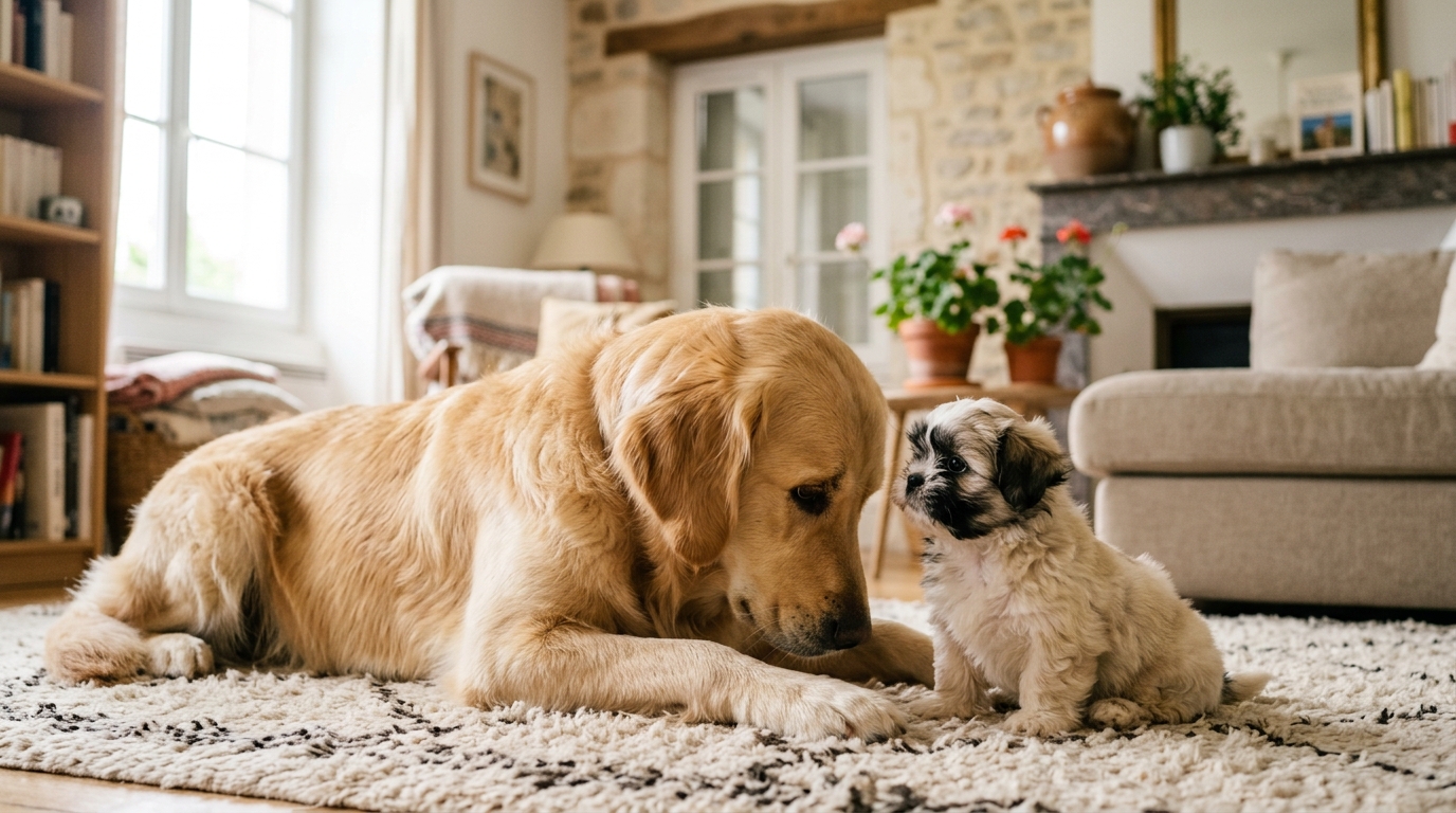 Un grand Golden Retriever allongé observe gentiment un petit chiot Shih Tzu assis devant lui.