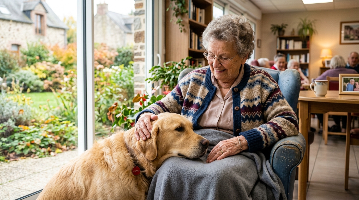 Un chien Golden Retriever posant sa tête doucement sur les genoux d'une personne âgée dans un Ehpad.