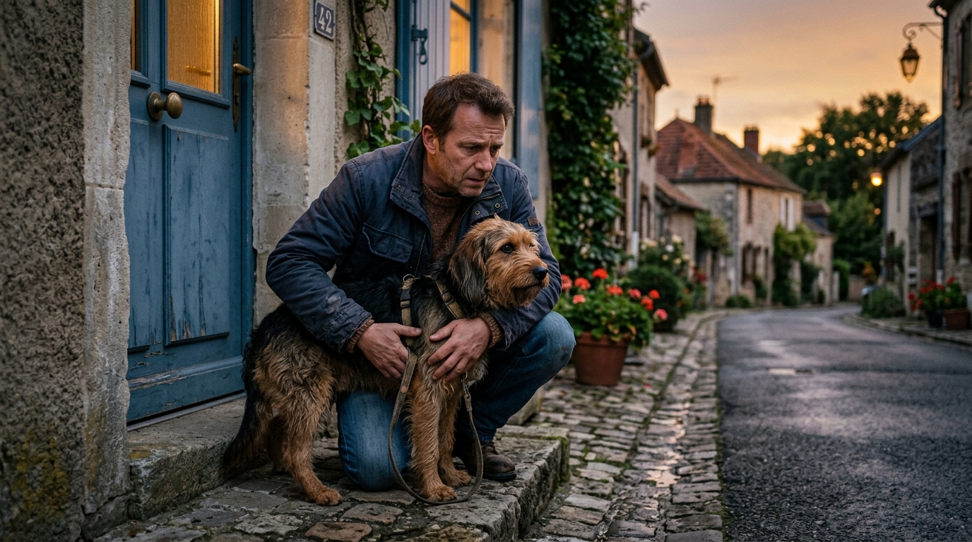 Un homme protège son chien devant la porte de sa maison à Albert.