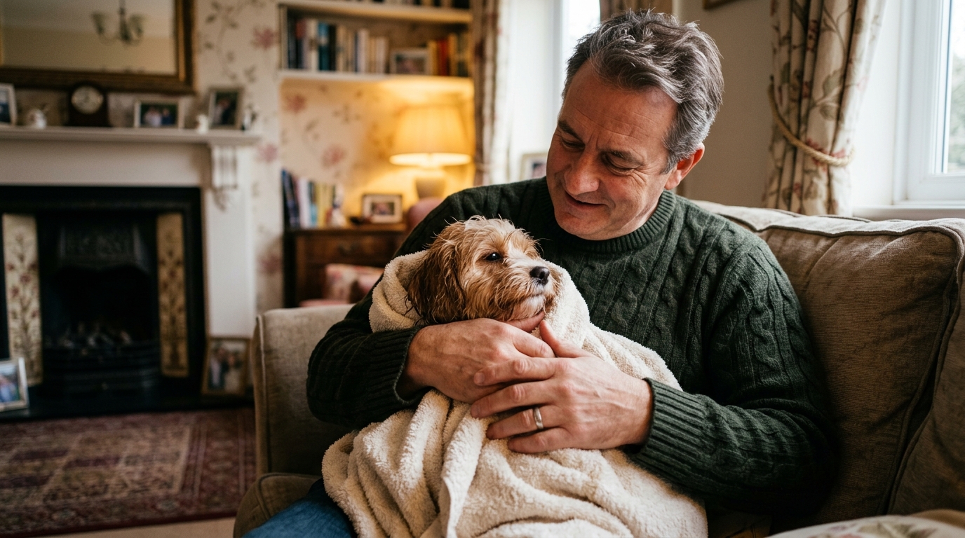 Un homme réconforte tendrement sa petite chienne Cavapoo dans un salon anglais chaleureux.