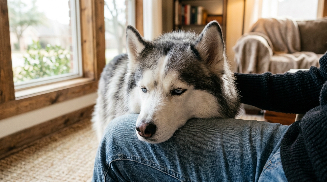 Un Husky de nouveau en bonne santé pose sa tête sur les genoux d'une bénévole