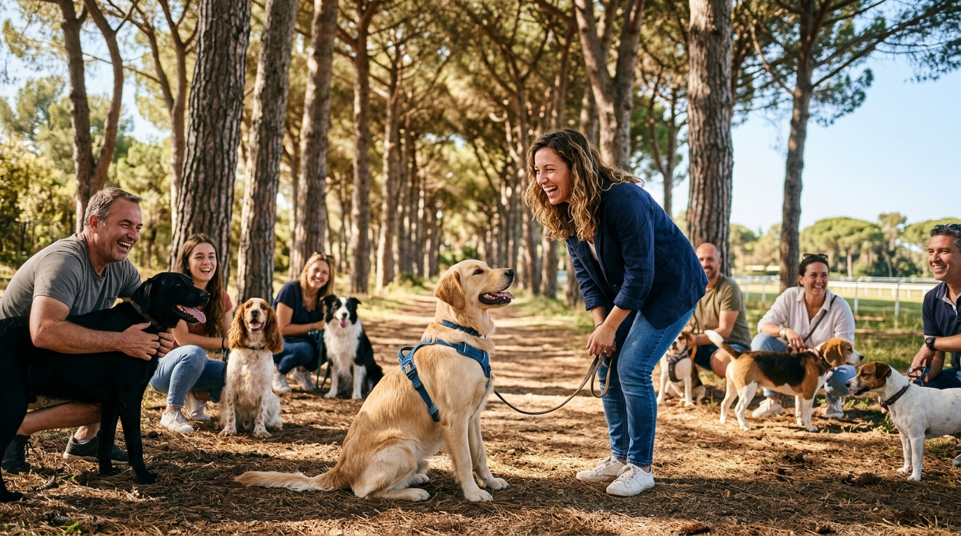 Chiens et leurs maîtres défilant dans la pinède d'un hippodrome en France