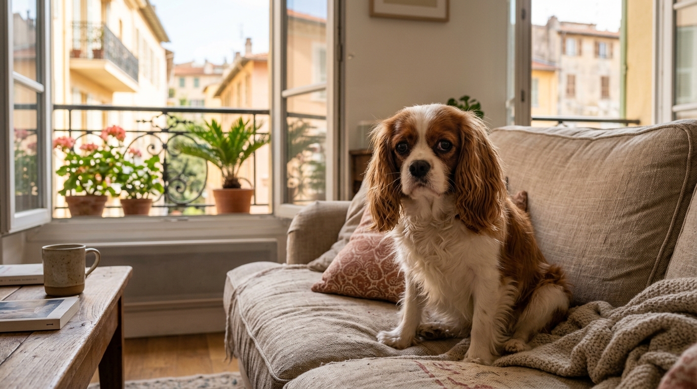 Un petit chien posé tristement sur un canapé dans un salon lumineux à Nice