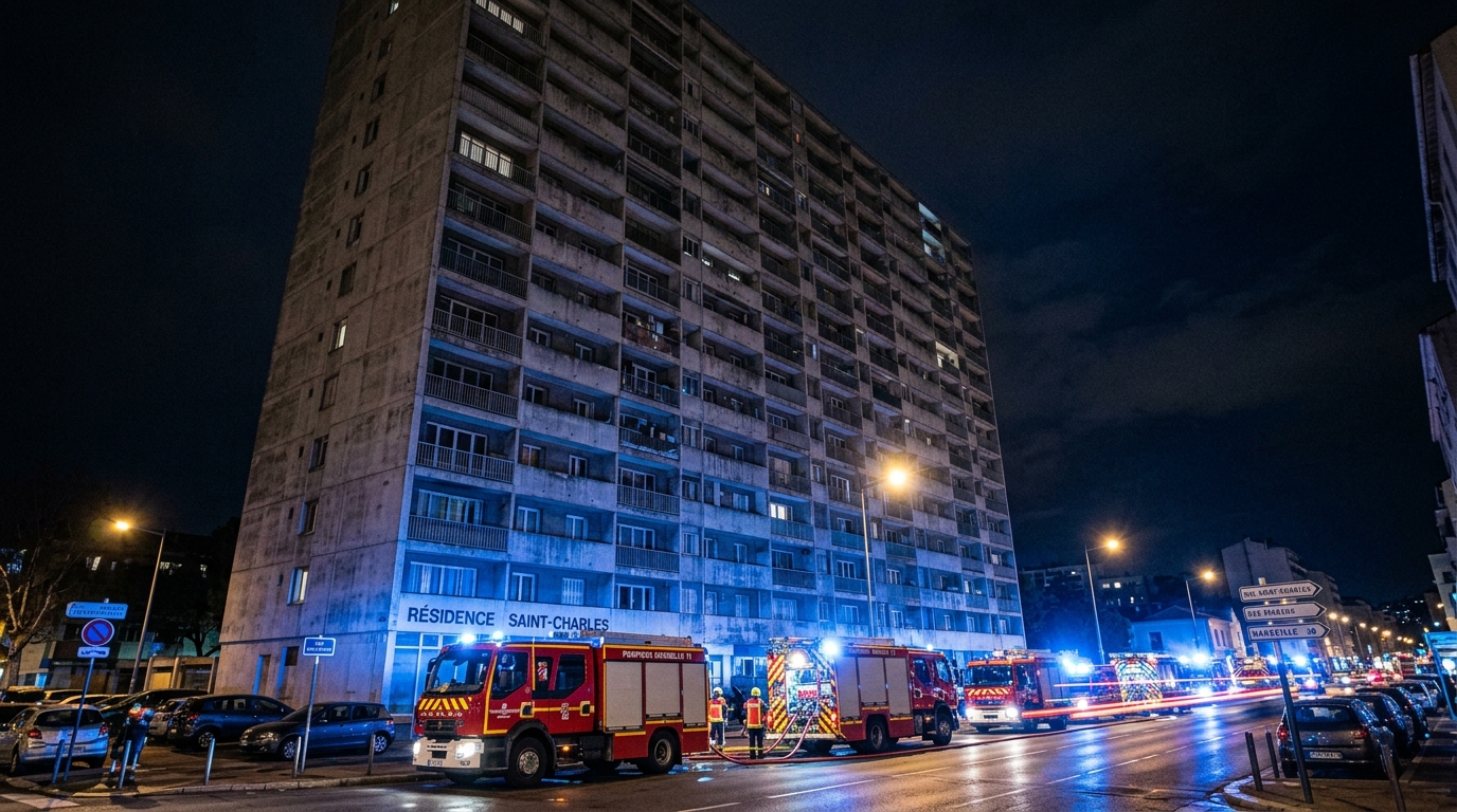 Un immeuble de logements sous la nuit à Marseille avec des gyrophares de secours au loin