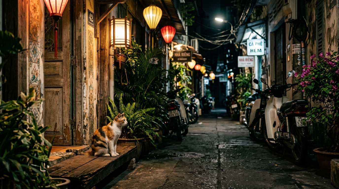 Un chat de compagnie assis au pas d'une porte dans une ruelle de nuit au Vietnam.