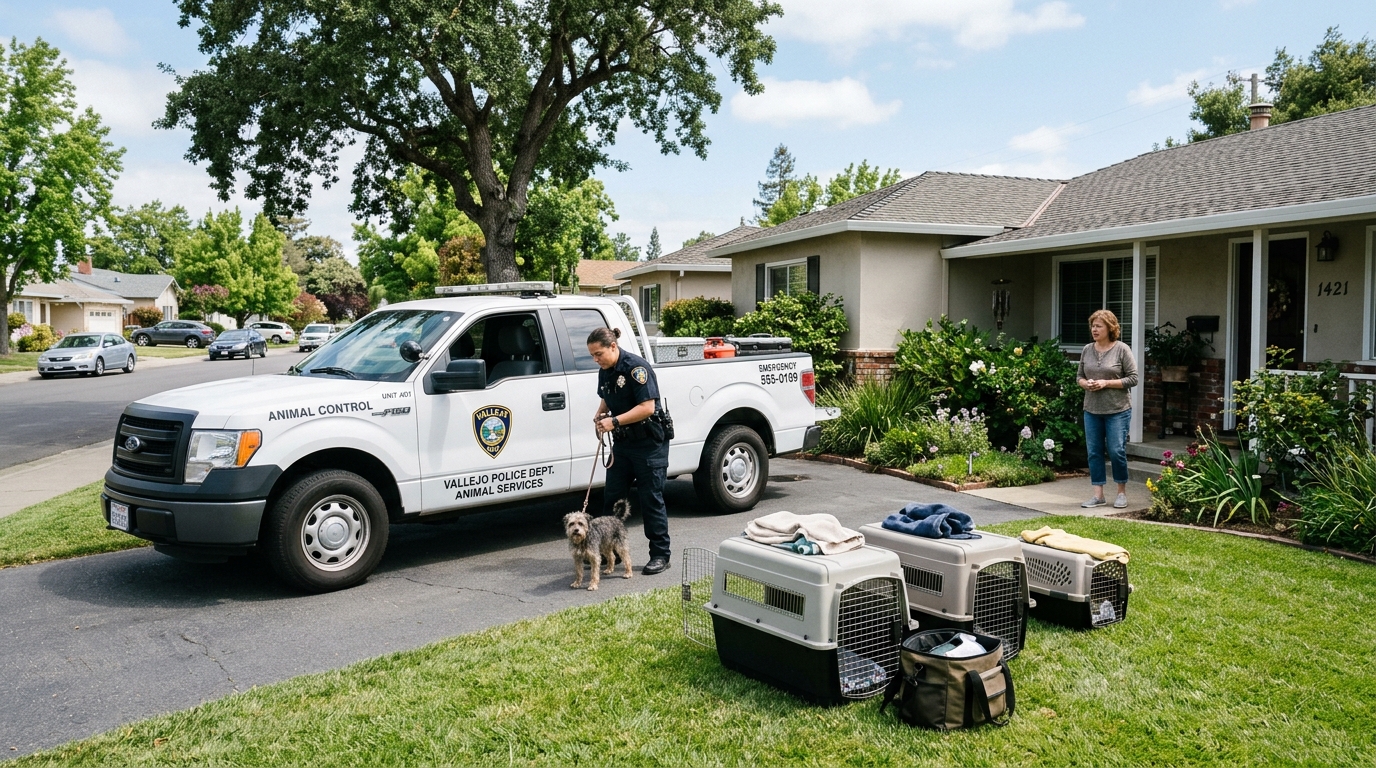 Un véhicule de contrôle animalier garé devant une maison en Californie lors d'une intervention pour secourir des chiens.