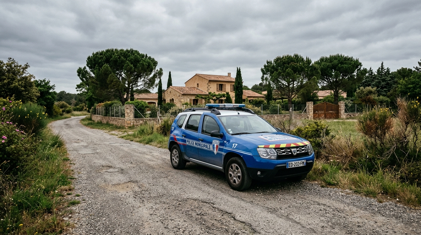 Une voiture de police française stationnée dans un chemin rural à Narbonne.