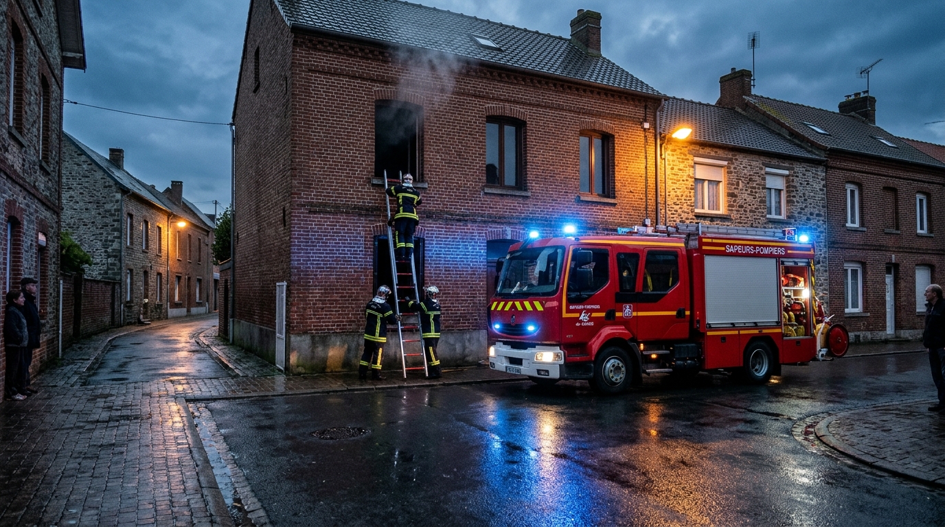 Camion de pompiers français garé le soir devant une maison de village.