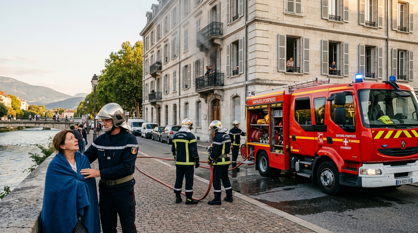 Camion de pompiers français déployé devant un immeuble à Chambéry lors d'un incendie