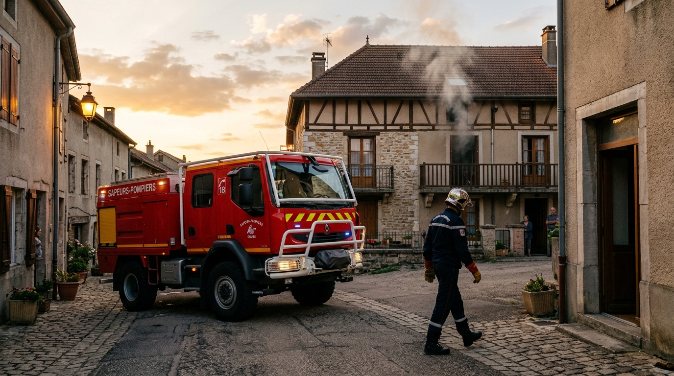 Un camion de pompiers français garé devant un immeuble résidentiel en fin de journée