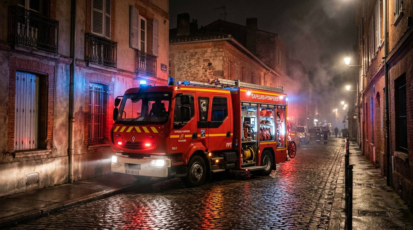 Un camion de sapeurs-pompiers français stationné de nuit dans une rue résidentielle de Toulouse.
