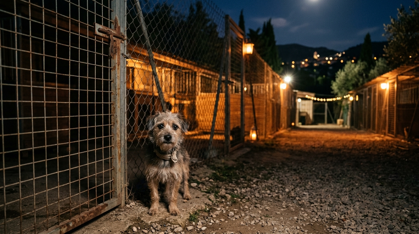 Une petite chienne vulnérable dans la cour d'un refuge la nuit