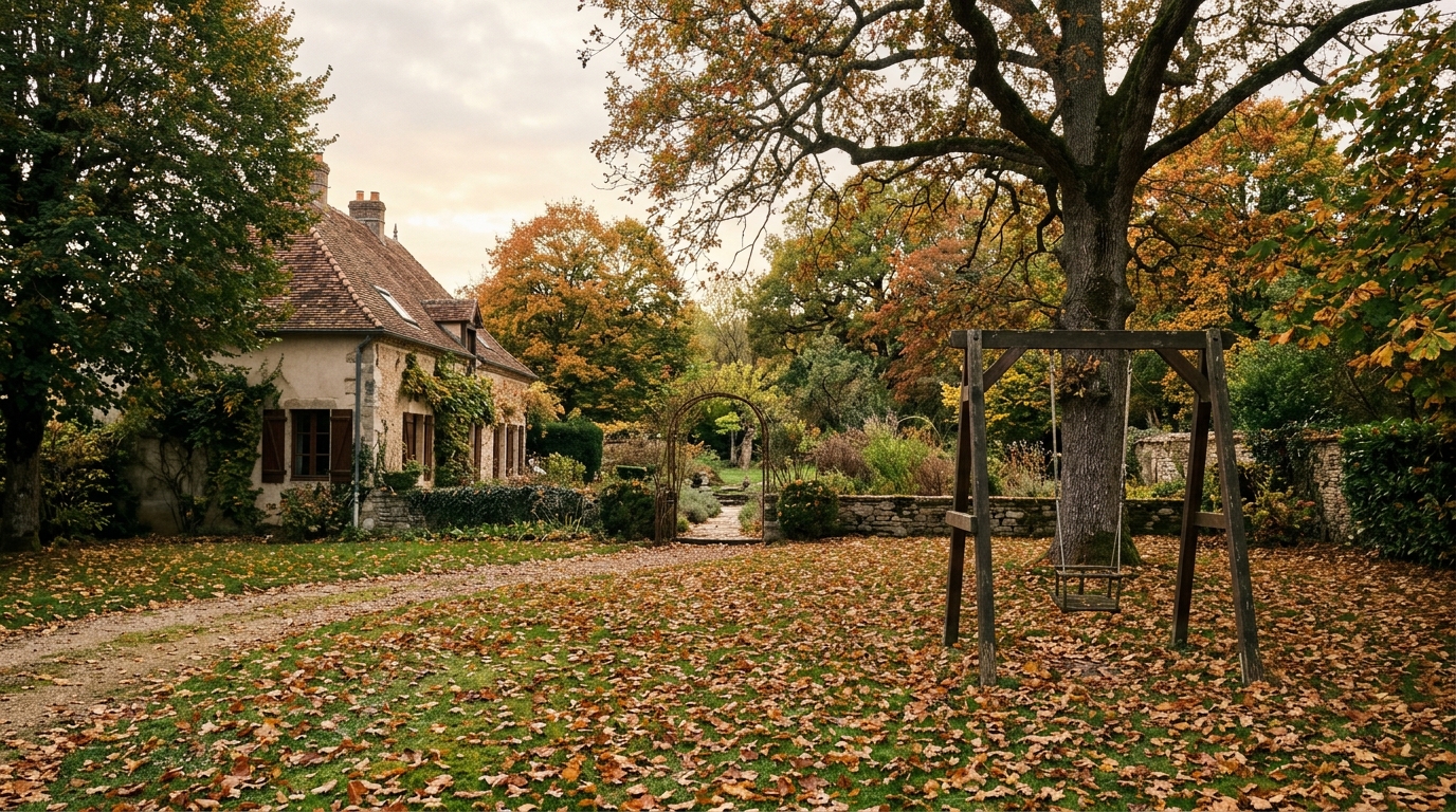 Un jardin paisible de maison individuelle en Côte-d'Or sous une lumière d'automne.