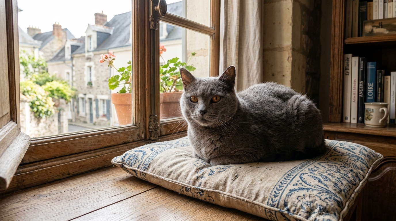 Un chat gris senior à la robe de Chartreux se reposant tranquillement près d'une fenêtre ensoleillée