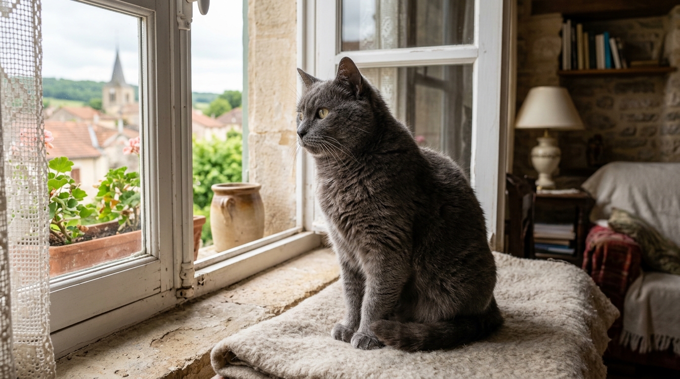 Un chat gris âgé aux yeux dorés assis sur un coussin confortable dans une maison chaleureuse.