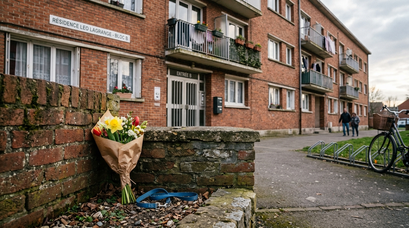 Façade d'un immeuble en briques dans le Nord avec une laisse au premier plan