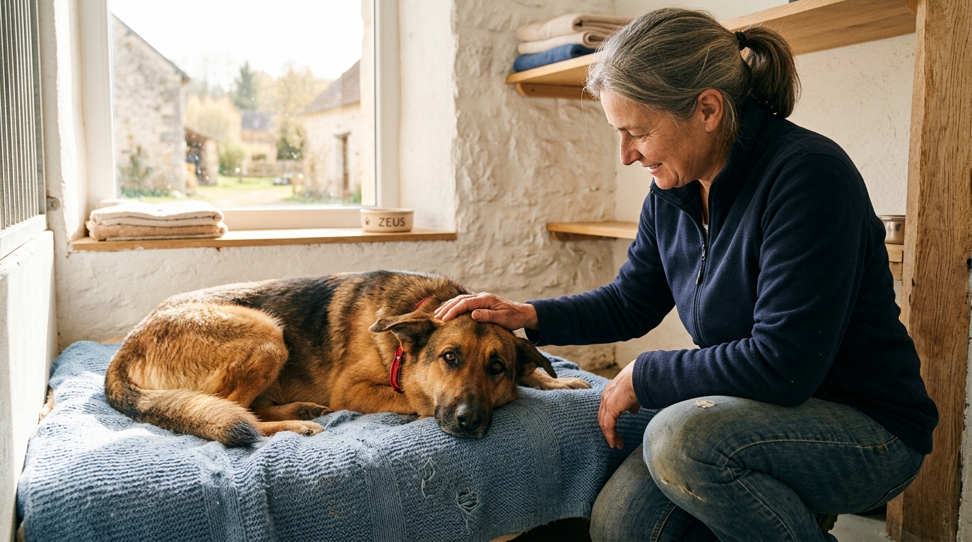 Un chien de berger assis paisiblement dans un refuge sous le regard bienveillant d'un soignant
